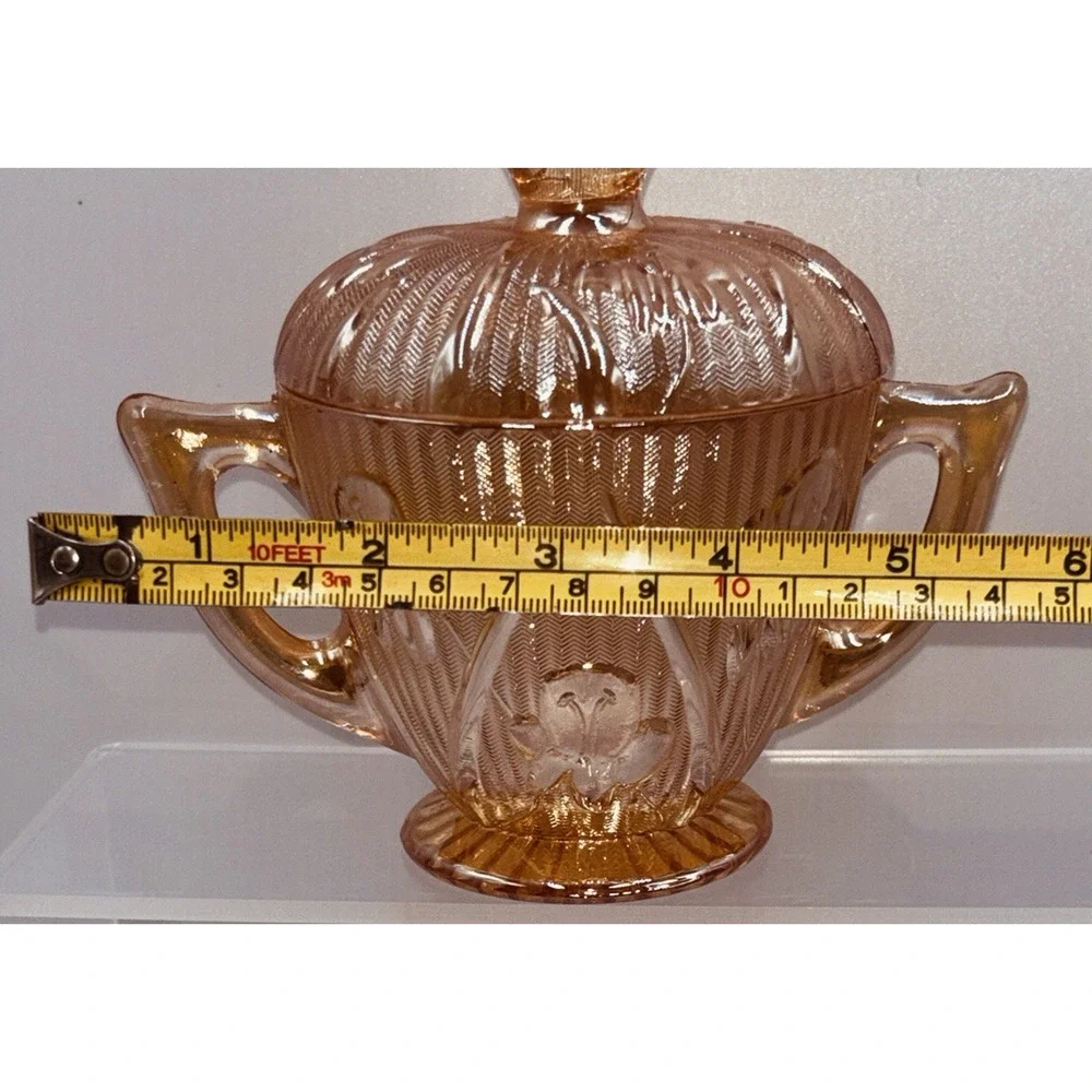 Jeanette Glass IRIS & HERRINGBONE Marigold Iridescent Footed Sugar Bowl Lid EUC